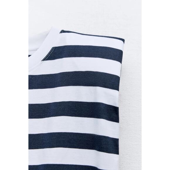 Zara Cotton Striped Shoulder Pad Top T-Shirt - Picture 4 of 8
